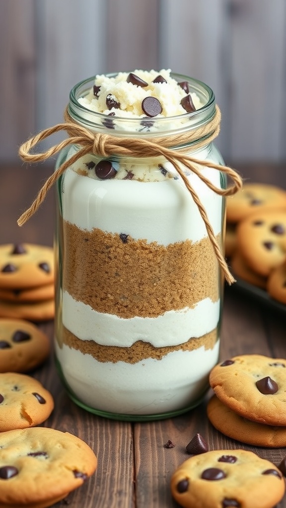 Layered cookie mix in a jar with colorful ingredients and freshly baked cookies on a wooden table.
